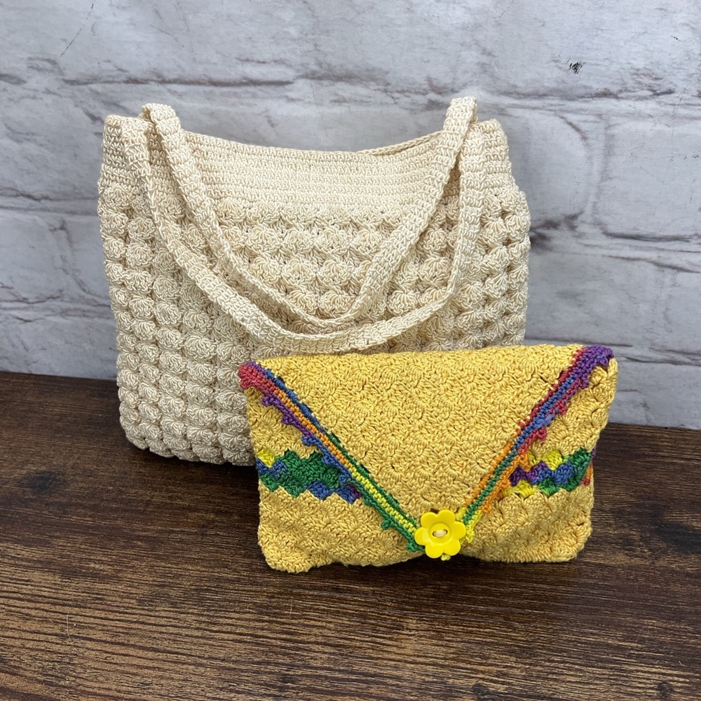 Vintage Crocheted‎ Purse Handbag With Yellow Card Holder Handmade